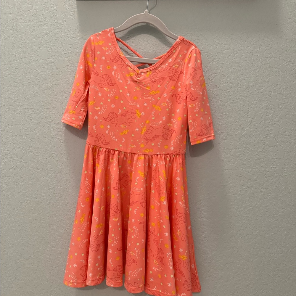 Dot Dot Smile Coral Dress with Unicorns + Planets
